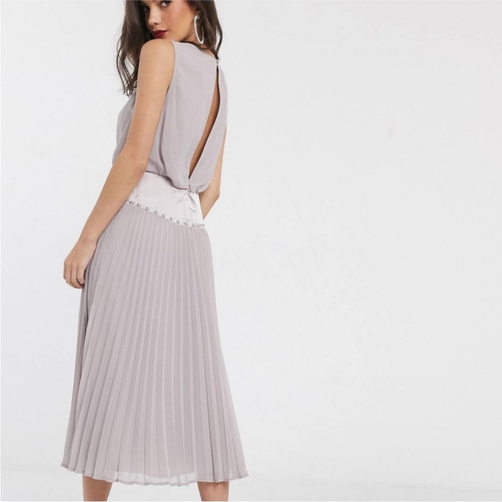 ASOS DESIGN Drop Waist Stud Detail Pleat Midi Dress - Size 6 - Picture 10 of 11